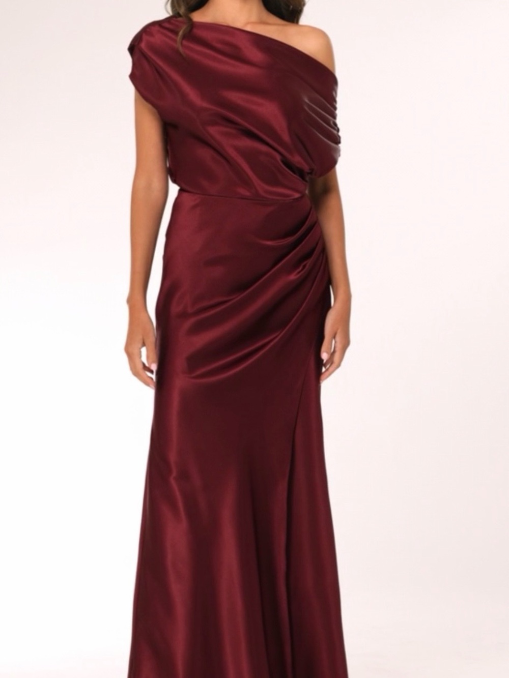 Betsy & Adam Sophia One-Shoulder Satin Evening Gown in Burgundy Size 4